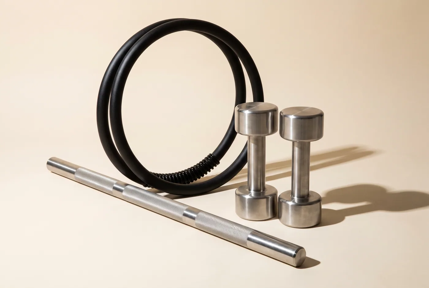 A knurled stainless bar, a pair of solid steel hand weights and a black sprung steel ring