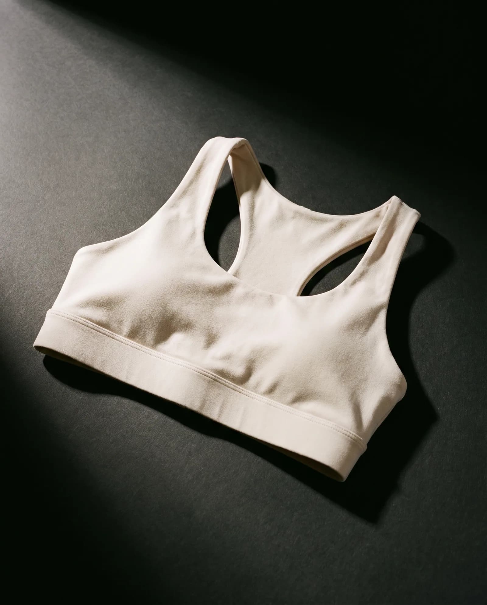 Low-Impact Bra — Bonded band, removable cups, no hardware.
