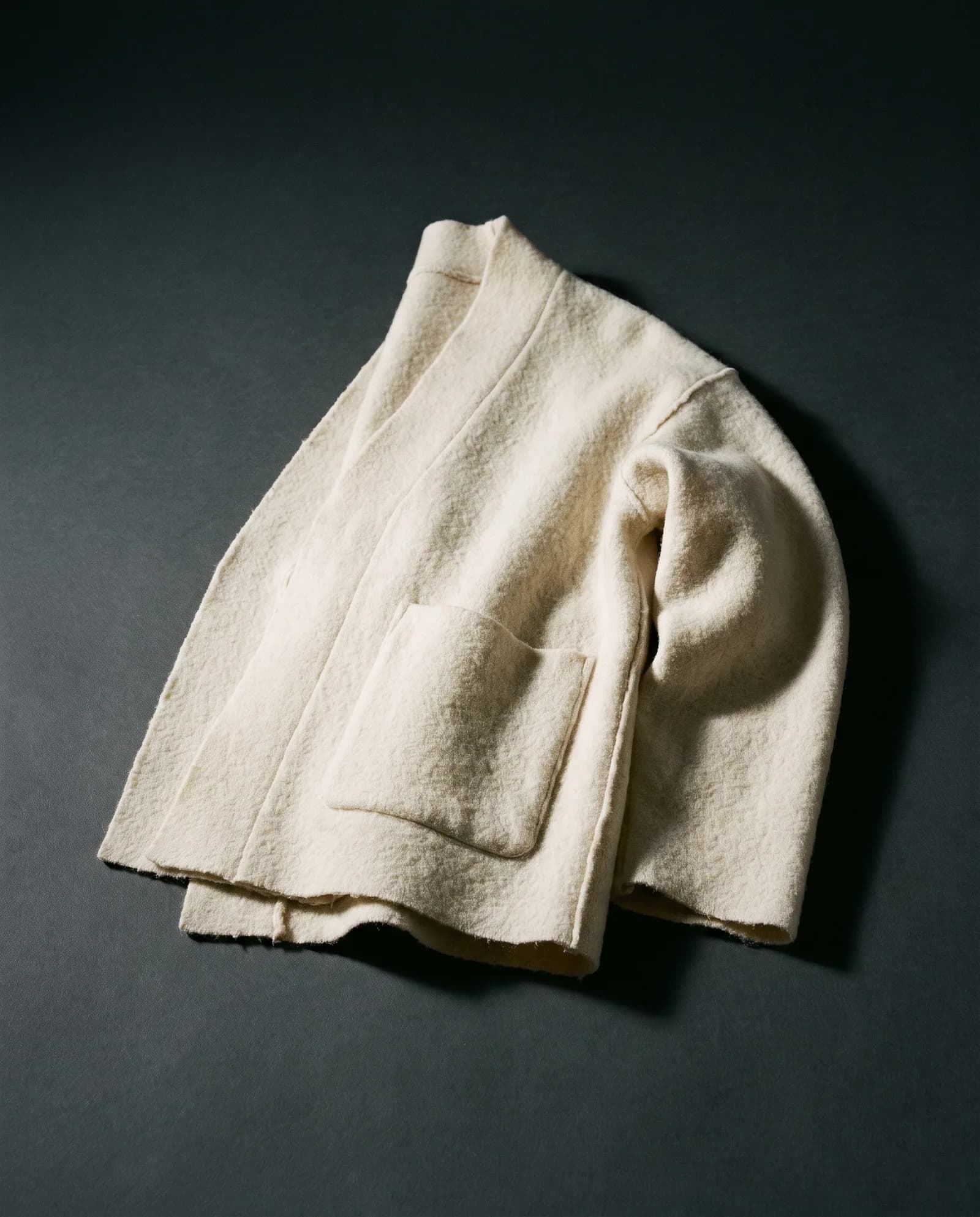 Wrap Cardigan — Boiled merino, no buttons, deep pockets.