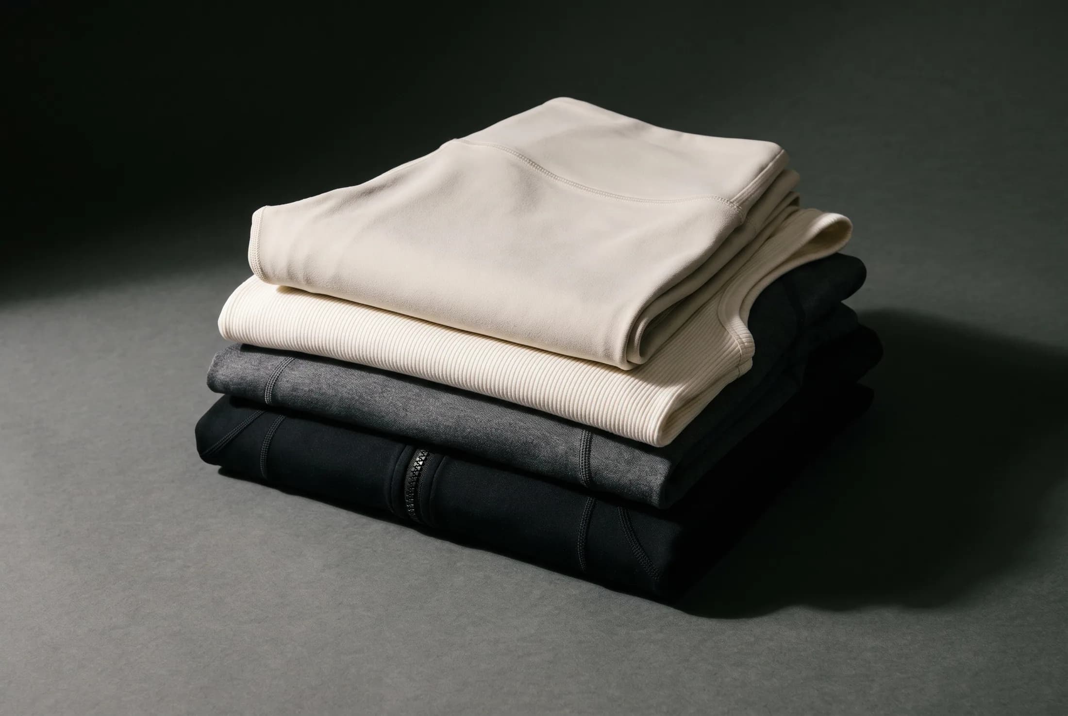 Folded technical knit apparel on a charcoal set